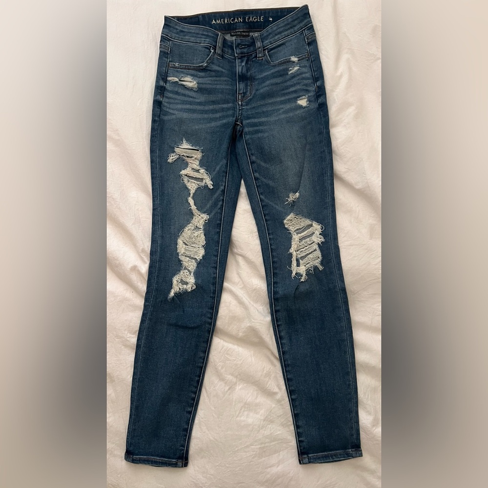 American Eagle Outfitters Dark Blue Distressed Skinny Jeans